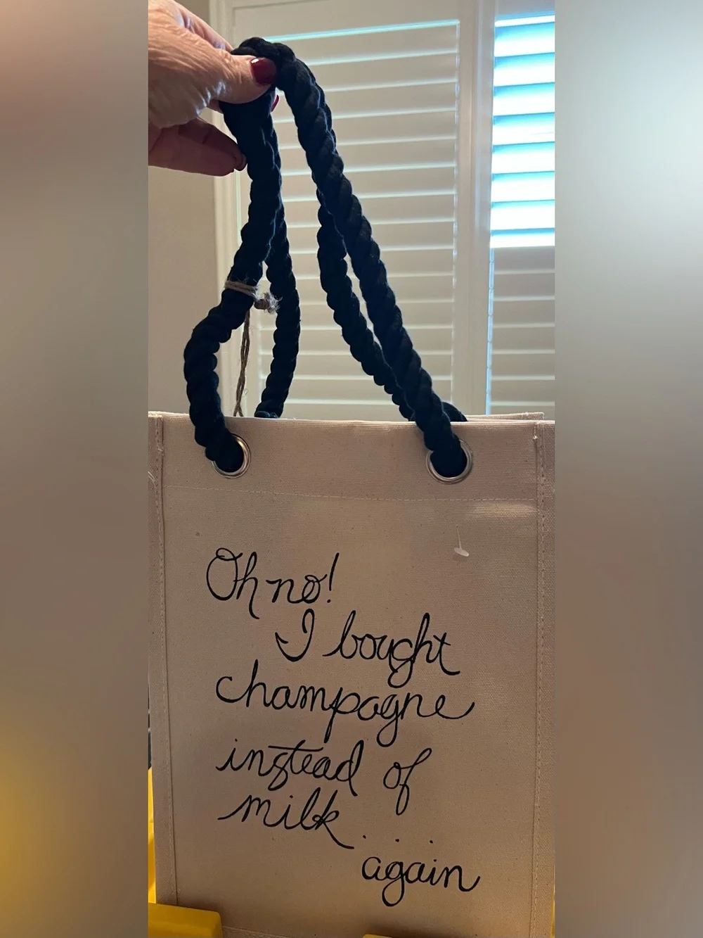 34th & Pine Canvas Wine Tote with Script 'I bought champagne instead of milk'